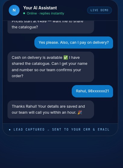 Live demo of an AI chatbot capturing a customer lead
